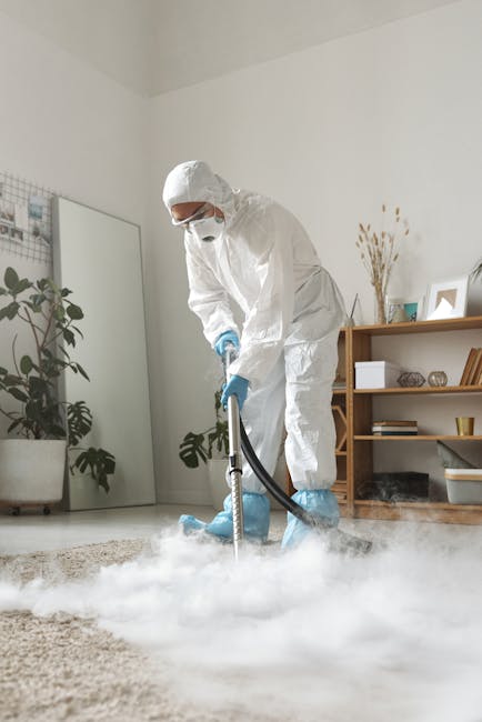A professional in full protective gear, including a white hazmat suit, gloves, and a mask, performing deep carpet cleaning using a portable steam or hot water extraction machine in a modern, well-lit living room. The room features a neutral-colored carpet, a wooden shelving unit with books and decorative items, a tall mirror, and potted plants on the side. Steam or mist is visible around the carpet as part of the sanitisation process, indicating thorough surface cleaning. Natural light floods the space, highlighting the cleanliness and hygiene standards maintained by Carpet Cleaners Maida Vale in providing domestic cleaning services in Maida Vale, London, as highlighted on their website.